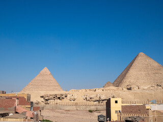 Africa, Egypt, Cairo city, Giza, Giza pyramids. Three pyramids, sphinx, statue, Saqqara pyramid,...