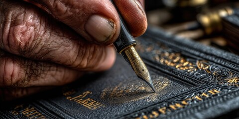Aged hand writing with antique fountain pen on embossed cover, vintage craftsmanship and artistry detail for editorial and branding.
