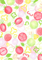 Hand drawn watercolor vegetables poster. Illustration of cut tomatoes pepper onion isolated on white background. Can be used for label, card, scrapbook and other printed products.