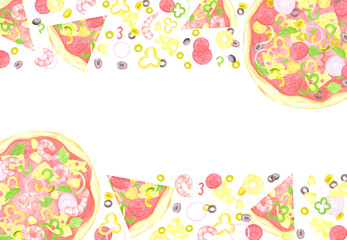 Hand drawn watercolor pizza with slices frame border. Illustration of cut prawn olive sausage pepper isolated on white background. Can be used for label, card, scrapbook and other printed products.