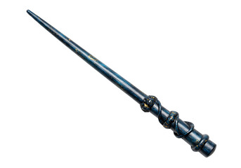 An ornate blue wand with gold specks and a winding snakelike design on a black background