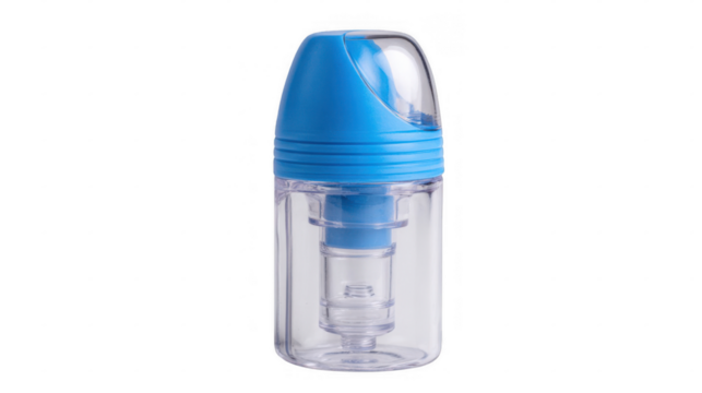 Close up of a pocket inhaler featuring a transparent body that reveals internal components, highlighting portability and functionality for respiratory relief - Powered by Adobe