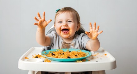 Joyful baby covered in food, giggling in highchair during messy self-feeding. Hands full of pasta, celebrating messy independence. Concept of self learning.