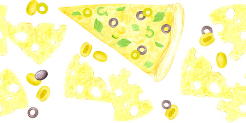 Hand drawn watercolor pizza and cheese seamless frame border. Illustration with cut olives isolated on white background. Can be used for label, card, scrapbook and other printed products.