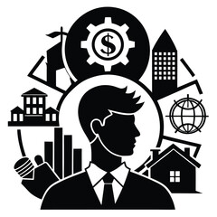 Business Visionary Concept Icon: Silhouette of a Leader Surrounded by Symbols of Industry, Finance, and Global Presence
