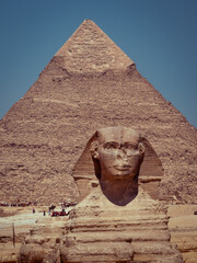 Africa, Egypt, Cairo city, Giza, Giza pyramids. Three pyramids, sphinx, statue, saqqara pyramid,...