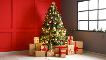 A glittering Christmas tree radiates holiday cheer surrounded by lovingly wrapped presents ready to