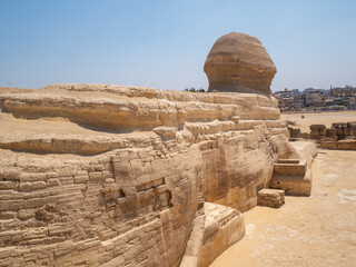 Africa, Egypt, Cairo city, Giza, Giza pyramids. Three pyramids, sphinx, statue, saqqara pyramid,...
