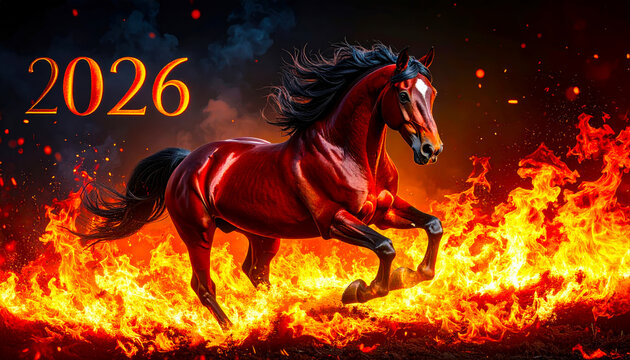 Image of a red fire horse galloping through the flames, symbol of the year 2026 according to the Eastern calendar. AI, Illustration, Generation, Generated image.