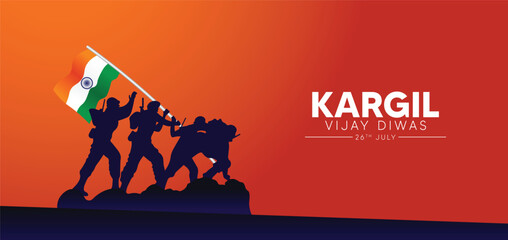 Kargil Vijay Diwas 26 July soldiers with Indian flag vector poster
