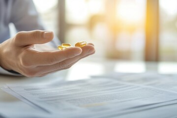 Business Person Holding Vitamin Capsules with Documents and Sunlight.