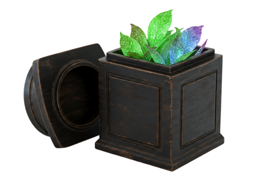 Dark antique square box with lid open colorful glowing leaves inside on black background