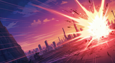 An impact effect flying from the bottom righ style Anime background. Powerful Explosion in a Futuristic Setting. 
