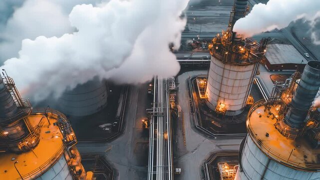 A high-angle view captures a modern industrial landscape, where towering smokestacks release plumes of vapor into the atmosphere.