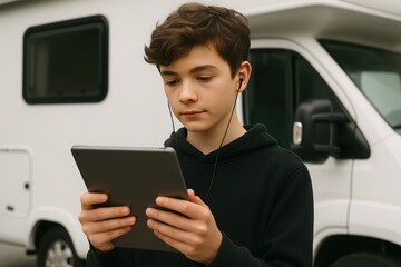 Teen using tablet with earphones near camper van in casual setting. digital nomad kids in camper van