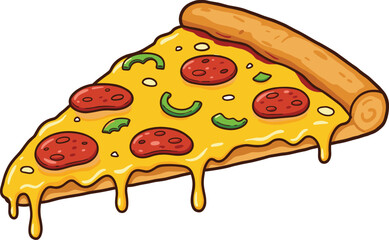 Cartoon pizza slice with melted cheese, pepperoni topping, crispy crust, delicious fast food art, Italian snack illustration, gooey cheese drawing for food menu design