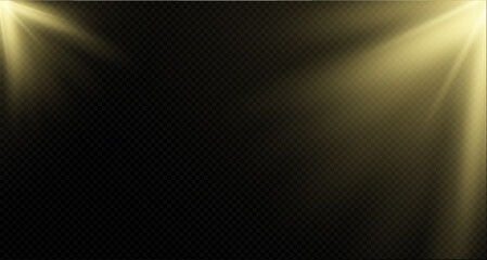 Spotlight on the stage or divine particle rays isolated on a black transparent background. The glow of the rays