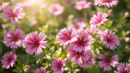 Obraz premium Delicate pink flowers with white stripes bloom in a garden under the warm glow of sunshine, creating a serene ambiance