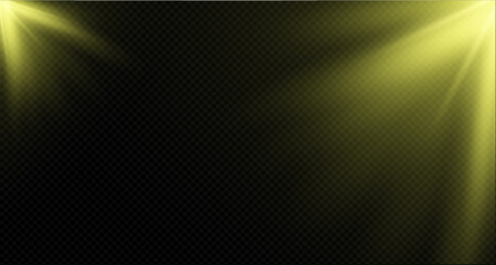 Spotlight on the stage or divine particle rays isolated on a black transparent background. The glow of the rays