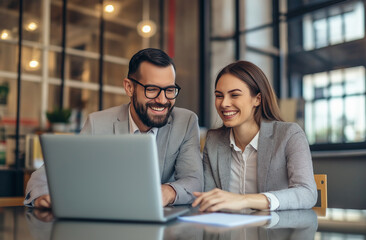 Two smiling professional business man and woman, sitting together at a desk in a modern industrial-style office, collaborating and looking at a laptop screen