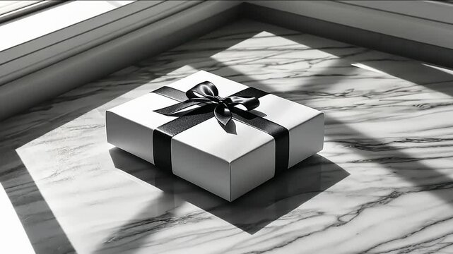 Elegant gift box on marble surface with shadows