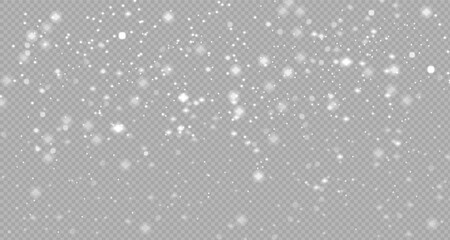 Christmas sparkling snowflakes in the air on transparent background.Snow overlay effects.Snow background.Heavy snowfall with frost particles.Winter atmosphere. Vector overlay for holiday, banners