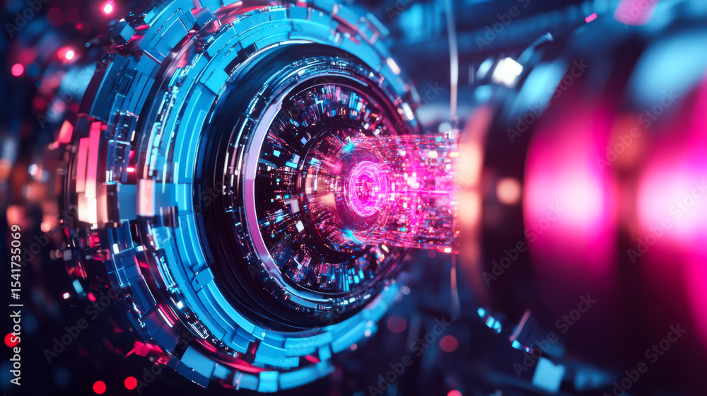 Poster vivid display of futuristic technology with vibrant colors and intricate details in a digital enviro