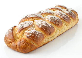 Braided Bread Loaf: A golden-brown braided bread loaf, dusted with powdered sugar, sits on a reflective surface, showcasing its intricate design and tempting texture.