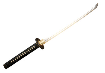 Katana A Japanese sword with a white blade black handle wrapped with white cord and a gold circular guard