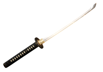Katana A Japanese sword with a white blade black handle wrapped with white cord and a gold circular guard