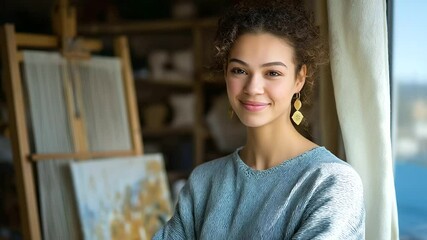 A young woman weaving a colorful tapestry with a loom and shuttle