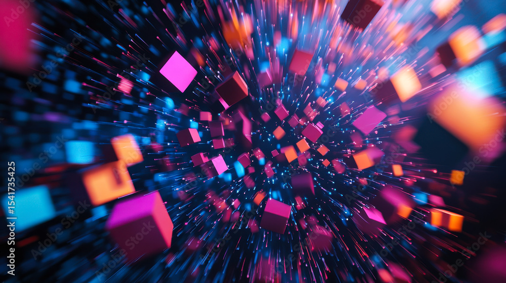 Poster dynamic explosion of colorful cubes in a vibrant digital universe at high speed