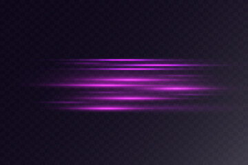 Horizontal lens flares lights purple color. Flash purple motion line. Vector.