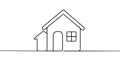 Continuous thin line home vector illustration, minimalist house icon. One line art cottage building
