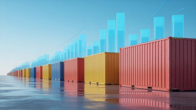 Colorful shipping containers with rising bar graph illustrating growth in global trade and logistics