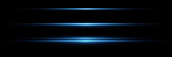 Collection of horizontal light lines. Blue lines effect, light beam, neon flash.