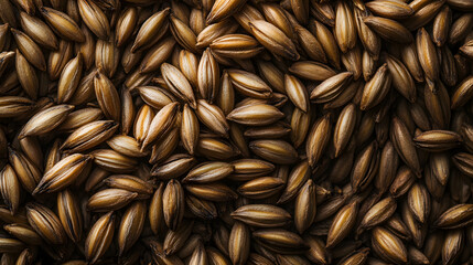 Whole barley grains in soft brown, scattered across a smooth white background, showing their natural texture and color.