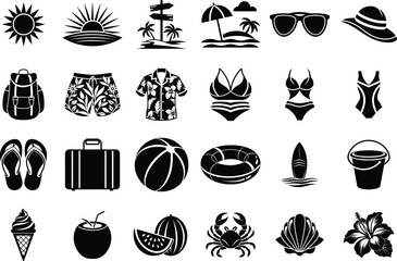 Summer Silhouette Vector Icon Set | Palm Tree, Beach, Surfing Clipart