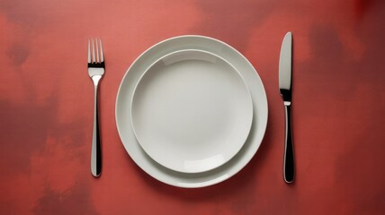 Elegant place setting with white plates and silverware on red background
