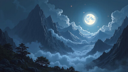 A breathtaking moonlit night over misty mountain peaks and drifting clouds.