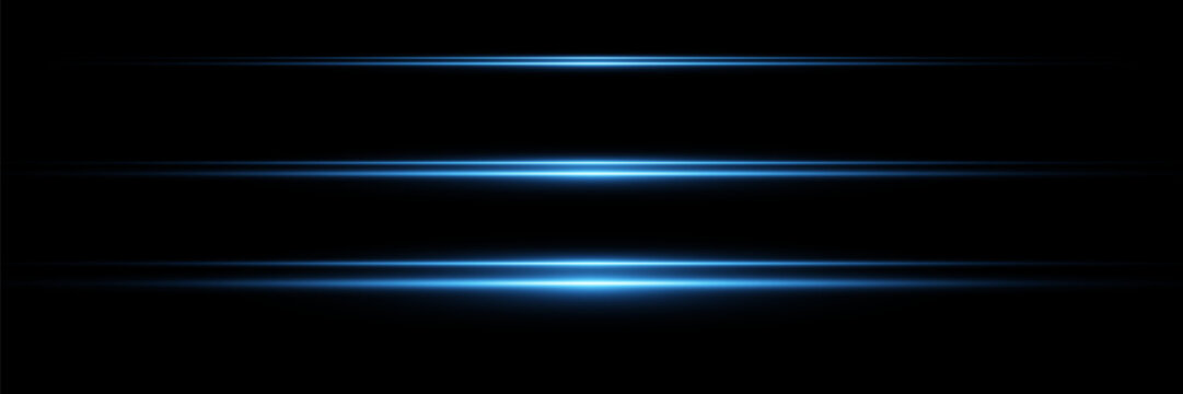Collection of horizontal light lines. Blue lines effect, light beam, neon flash.