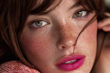 Young woman with freckles and pink lips gazing thoughtfully at the camera in a natural light setting