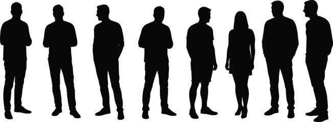 Group of people standing, silhouette figures, men and woman in casual pose, social gathering concept, vector illustration, black shadow design