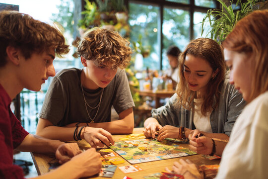 Friends gather around a table to enjoy an engaging board game in a cozy cafe during the afternoon - Powered by Adobe