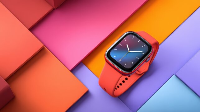 Stylish Red Smartwatch on Vibrant Color Blocks Background Product Shot