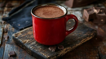 Red mug filled with homemade hot chocolate shot on rustic christmas table