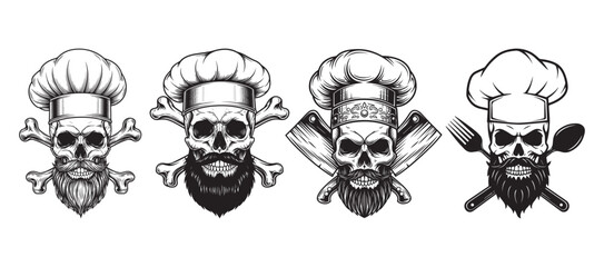 Skull chefs with beard and mustache wearing toque and crossbones vector illustration