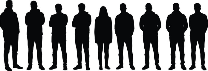Silhouette group of men and woman, standing pose, casual clothing, side and front view, black shadow vector, illustration art