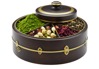 Tea sampler box with matcha jasmine hibiscus and black tea arranged in quadrants under a partiallyopen lid