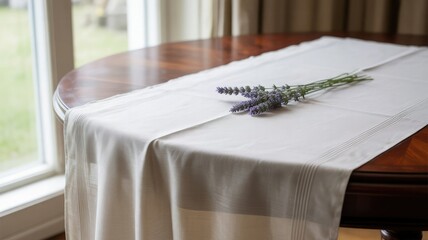 Elegant off white table runner with lavender flowers on a wooden table near a window